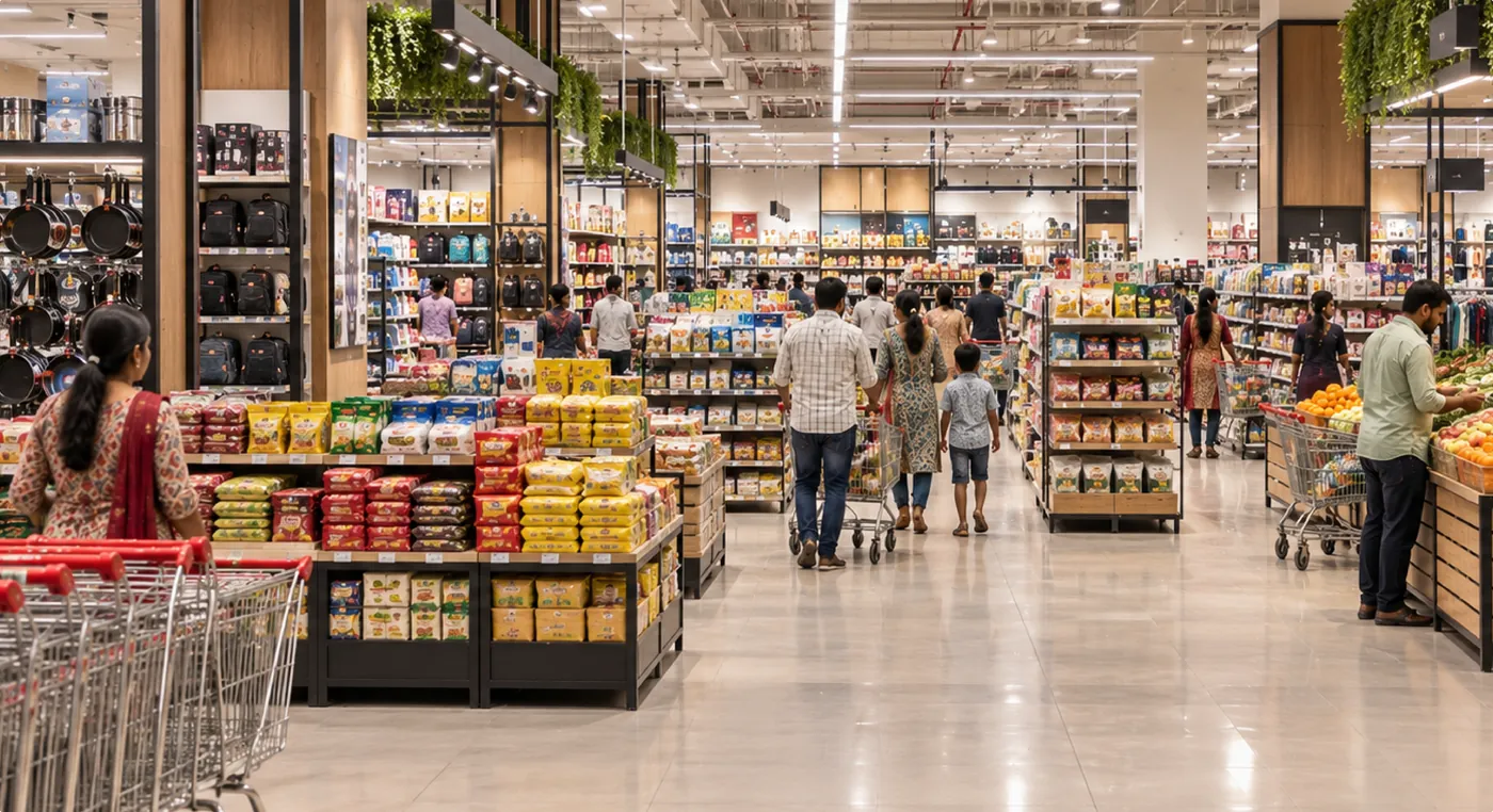 A busy supermarket aisle, shoppers at the shelves and staff working the floor