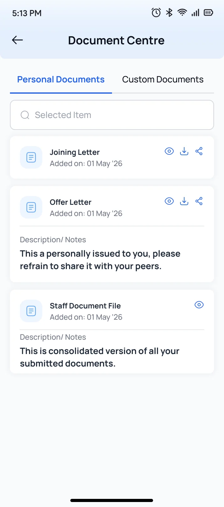 The document centre in the staff app, with the joining letter, the offer letter and his own document file, each one openable