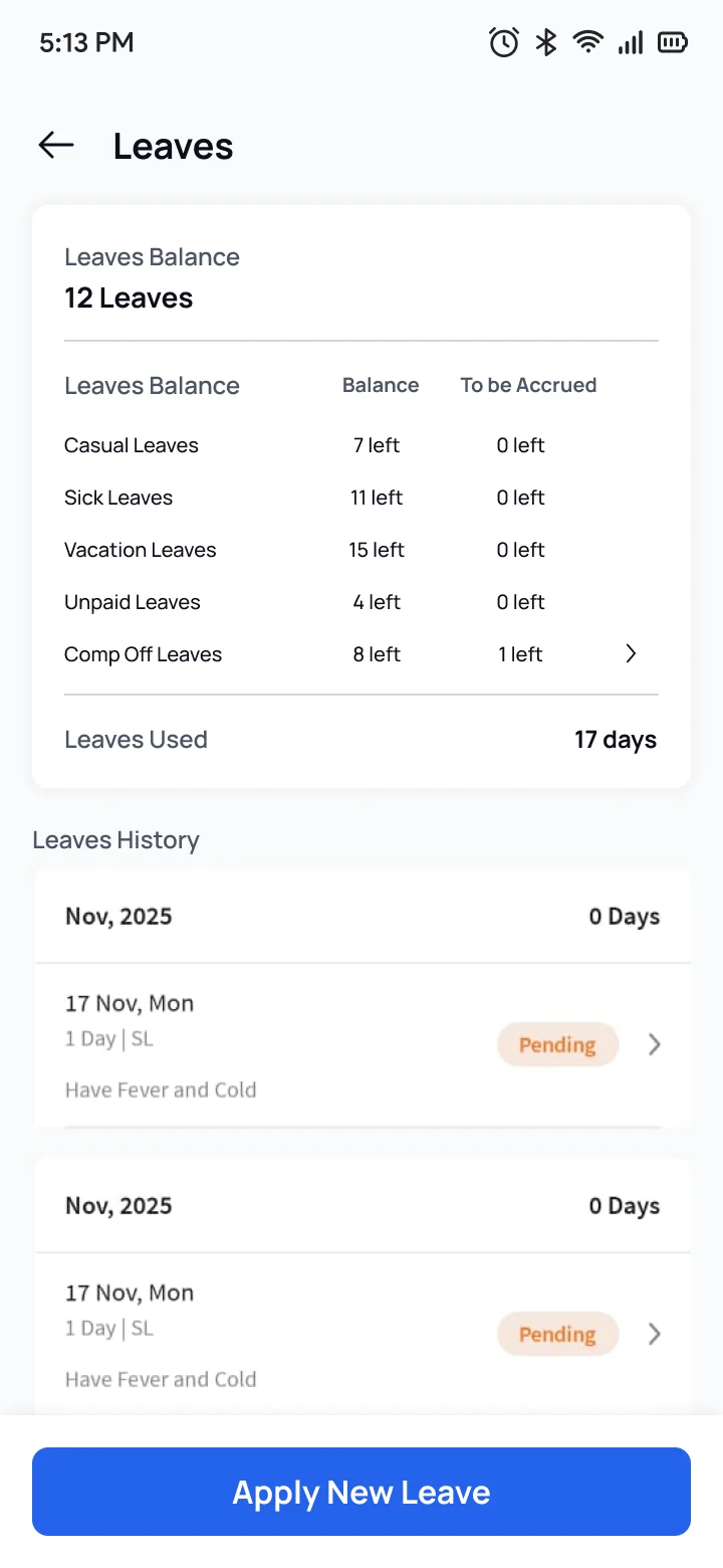 The leaves page in the staff app: the balance for each type, what is left, and the history with a pending request in it