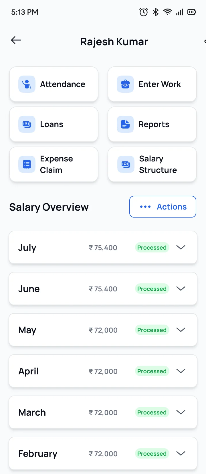 The salary overview in the staff app: every month listed with what was paid and marked processed