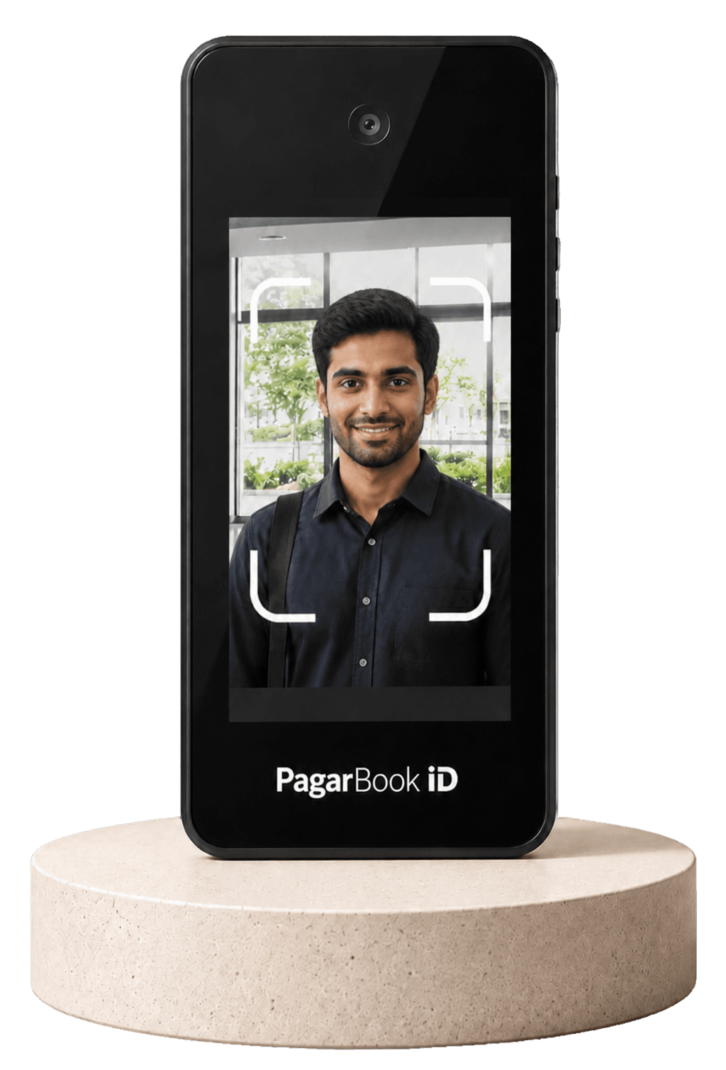 PagarBook iD 5 compact face-attendance terminal on a wooden stand