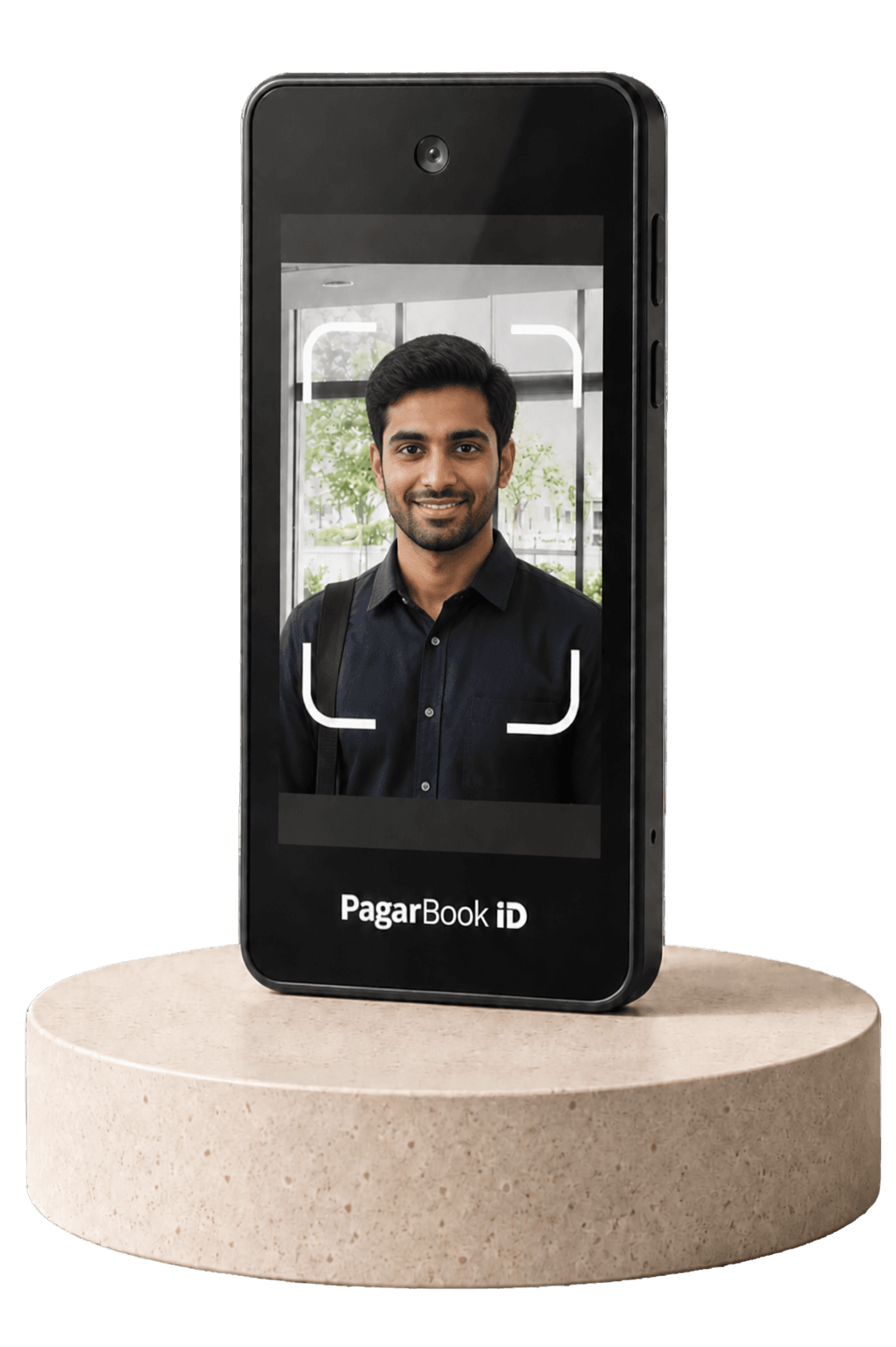 PagarBook iD 8 face-attendance terminal on a wooden stand, showing a recognised employee